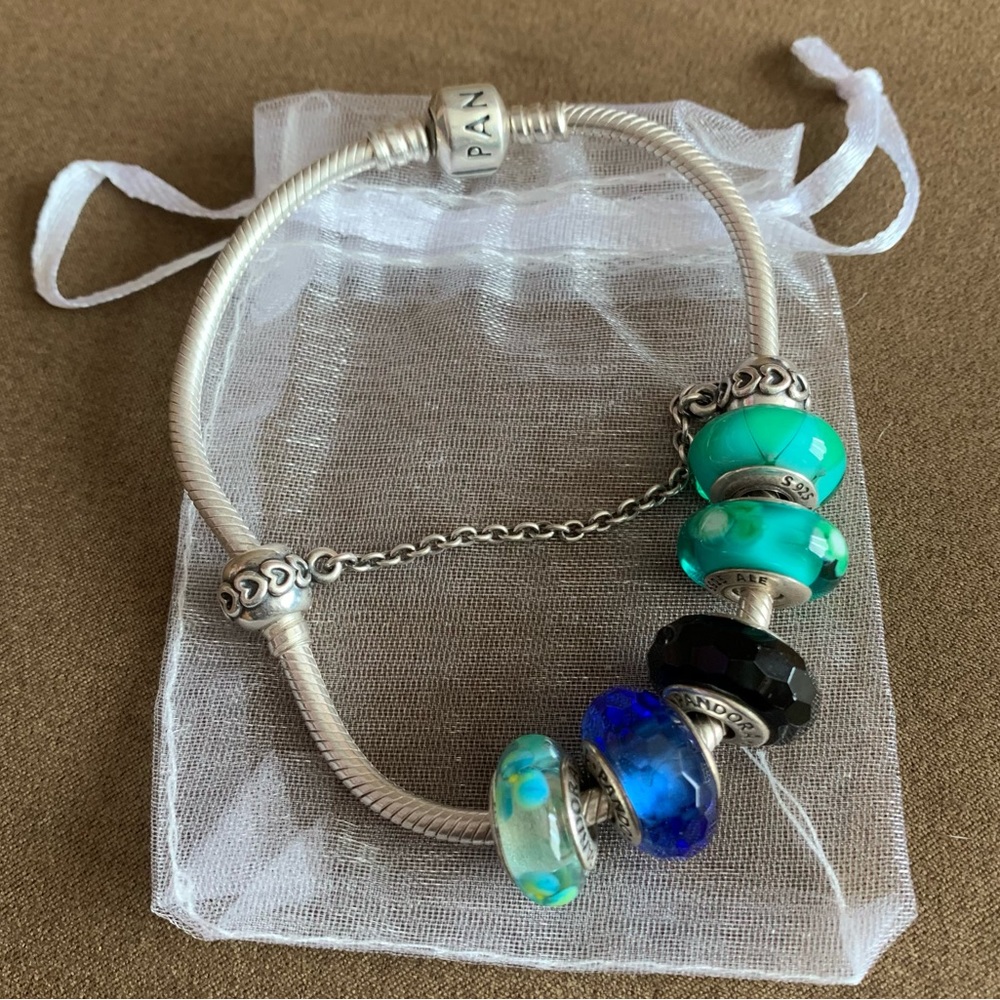 Auth Pandora Snake Chain Bracelet w/ 5 Pandora Charms & 1 Pandora Safety Chain